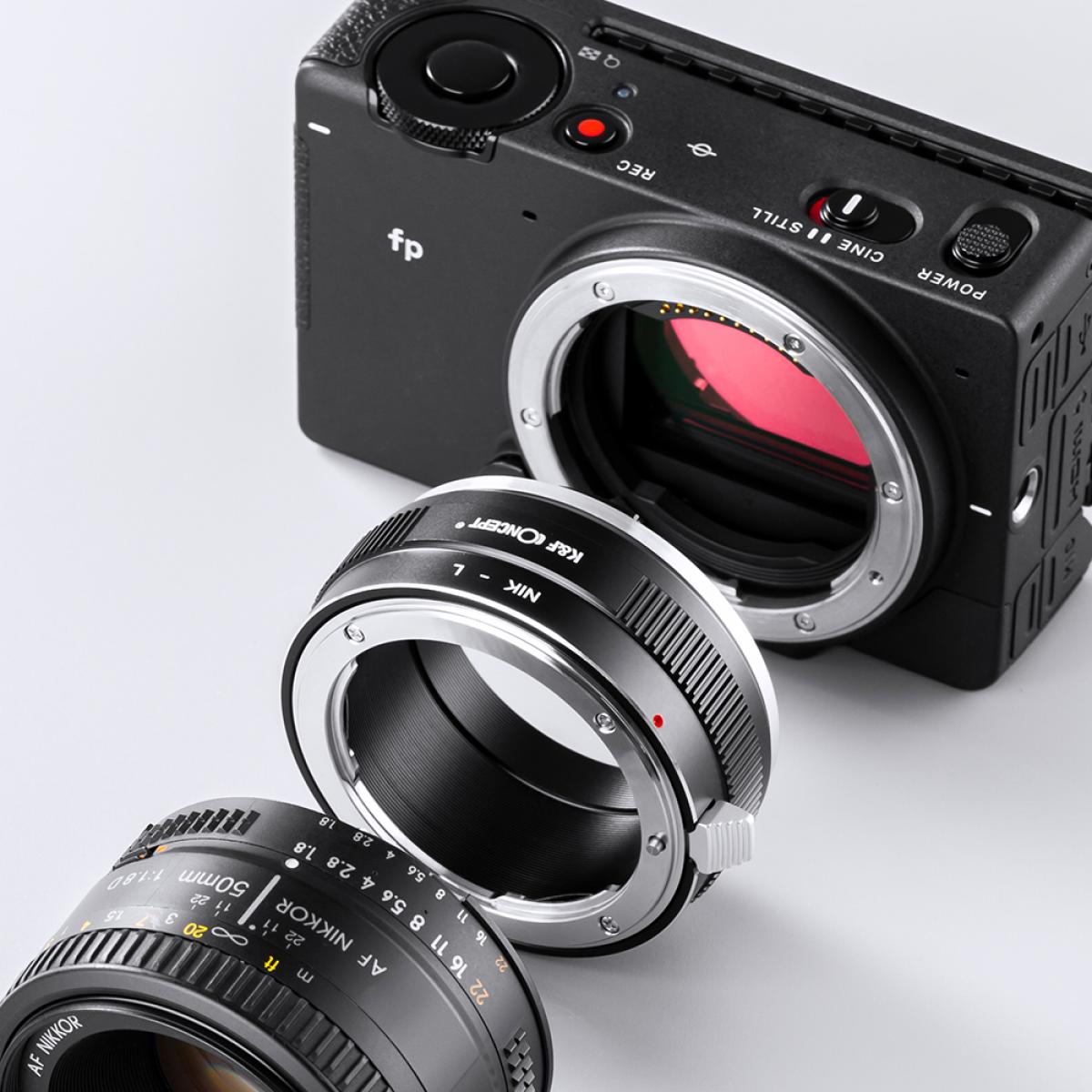 K&F Concept NIK-L adapter between a Sigma fp camera and a Nikon AF 50mm lens