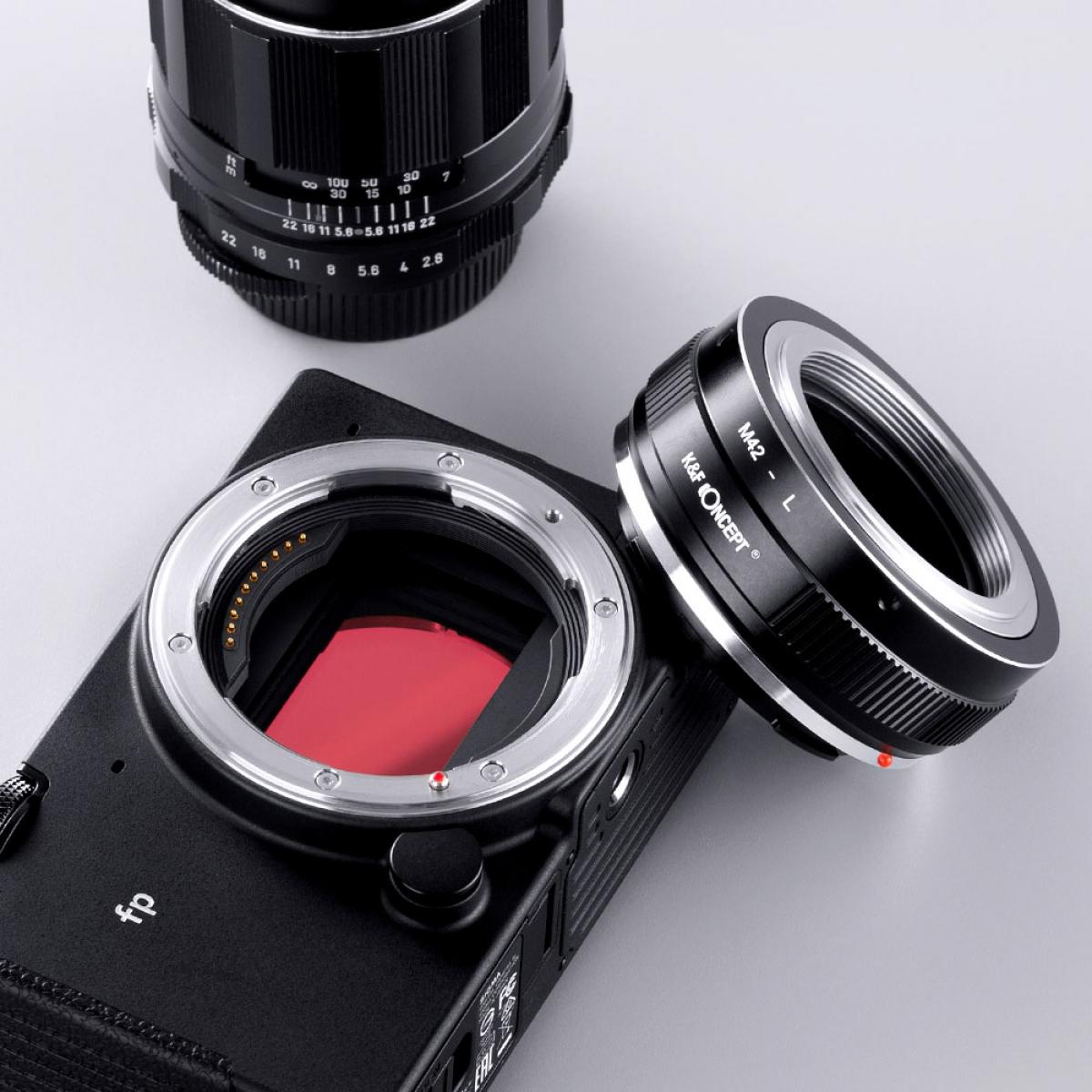 K&F Concept M42 to L adapter beside a Sigma fp and an M42 Takumar lens
