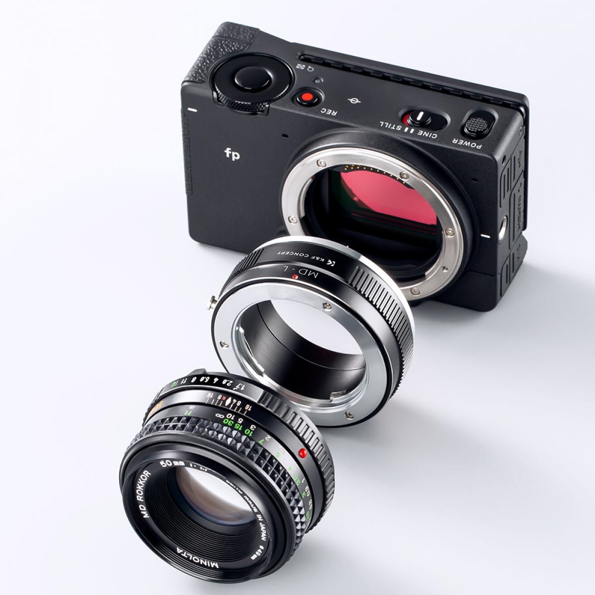 K&F Concept MD-L adapter between a Sigma fp camera and a Minolta MD Rokkor 50mm lens