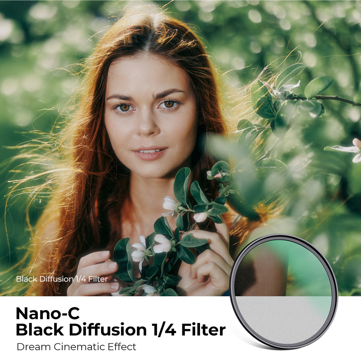 K&F Concept black diffusion 1/4 filter dreamy portrait of a woman with flowers