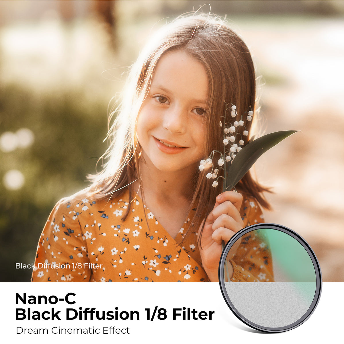 K&F Concept black diffusion 1/8 filter dreamy portrait of a girl with flowers