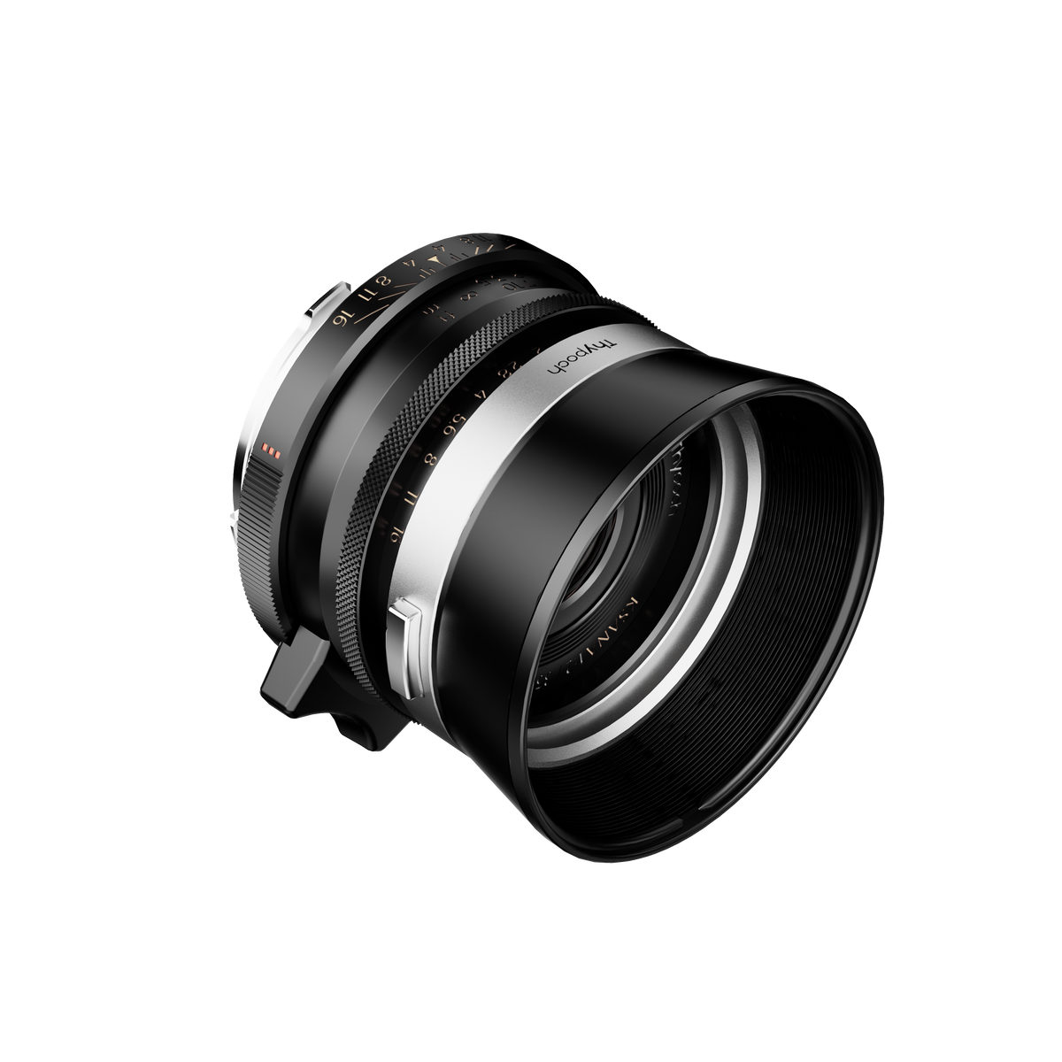 Thypoch Ksana 35mm f/2 black lens with round lens hood fitted