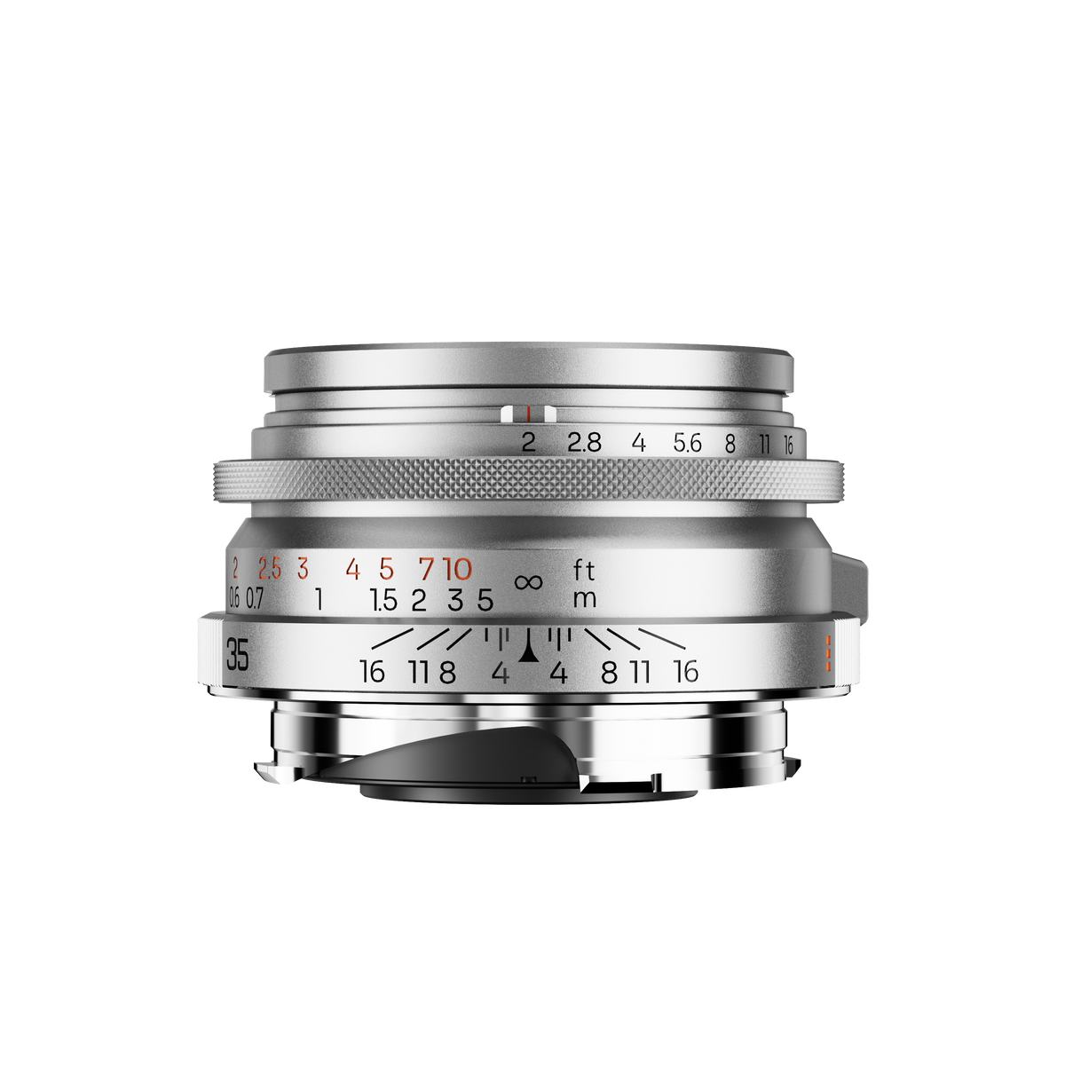 Thypoch Ksana 35mm f/2 silver Leica M lens, side view with focus tab