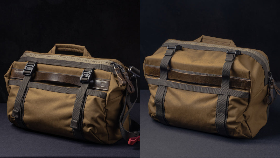 Wotancraft Lightning Rider v2 khaki bag, two angles on a dark background