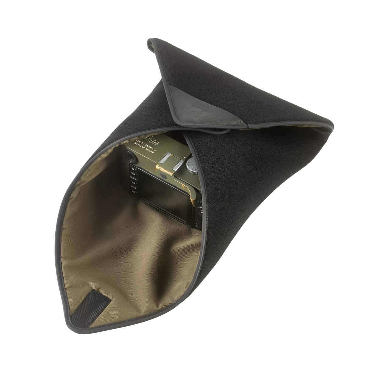Wotancraft Magician Wrap medium camera wrap folded around an olive Leica camera