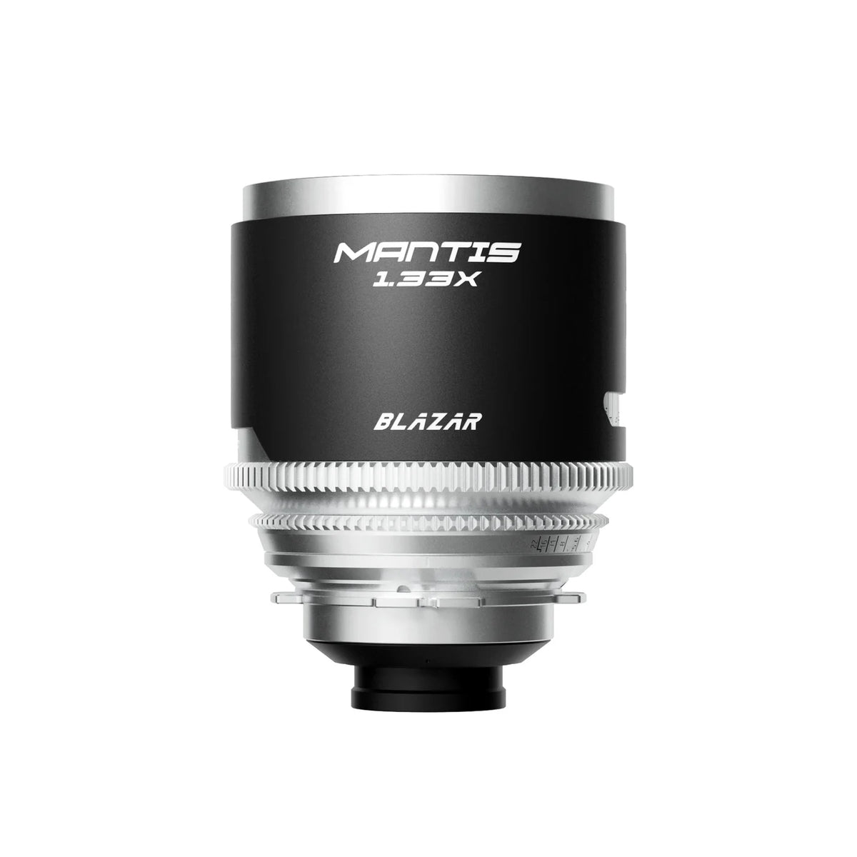 Blazar Mantis 1.33x anamorphic lens, front view with logo