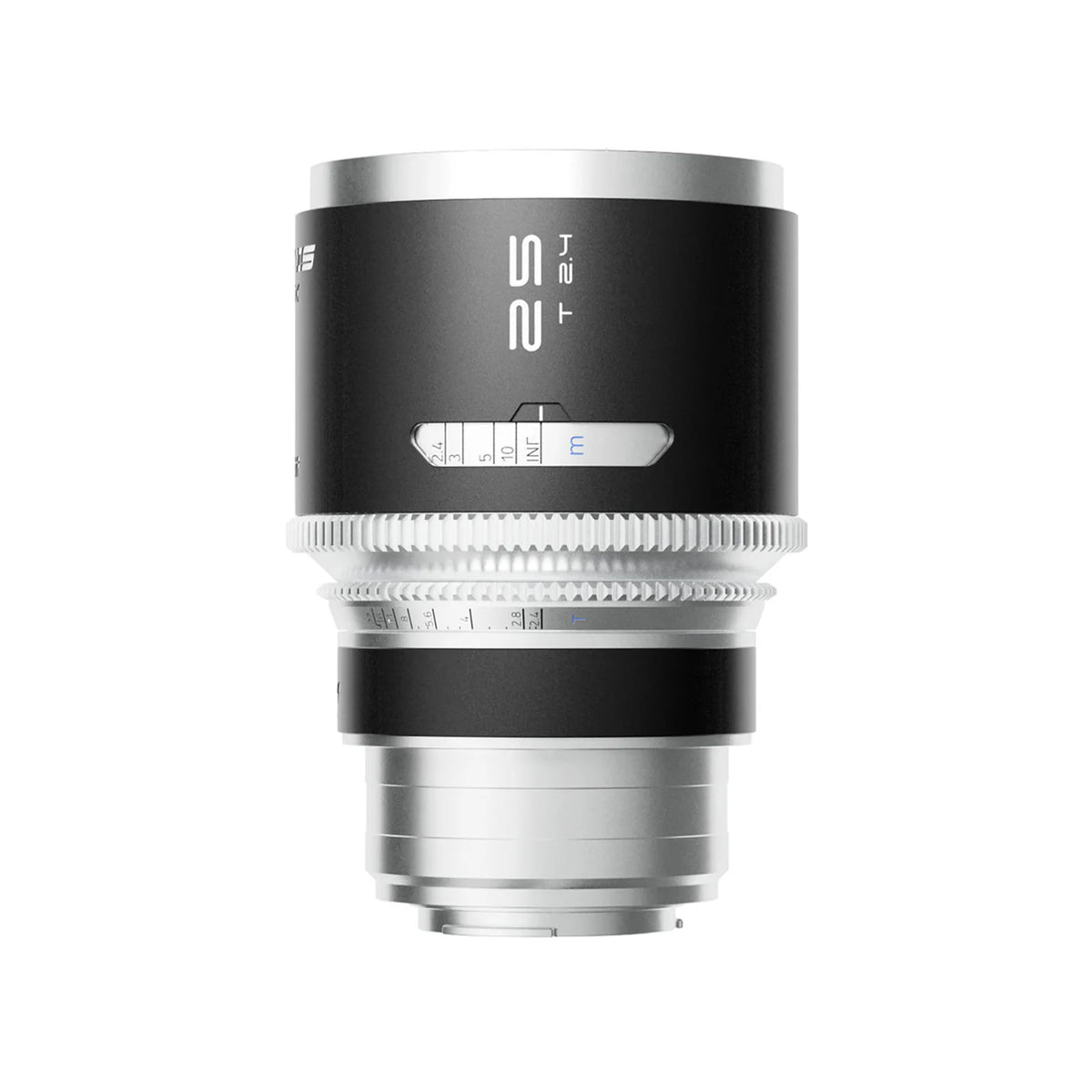 Blazar Mantis 25mm T2.4 anamorphic lens with silver mount, scales facing forward