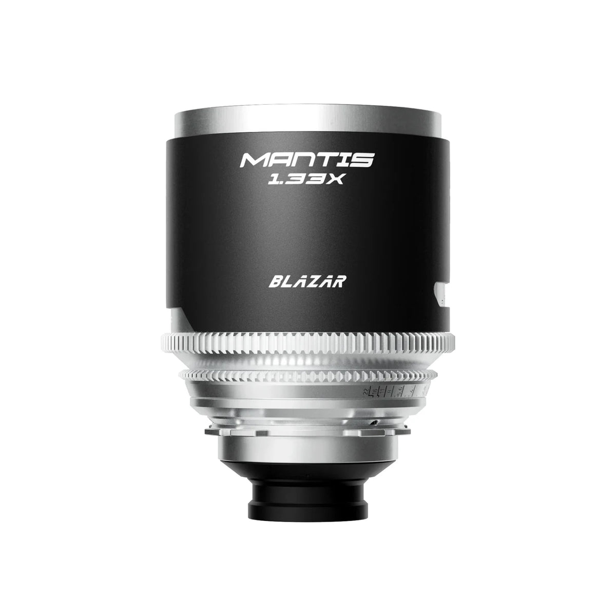 Blazar Mantis 1.33x anamorphic lens, front view with logo