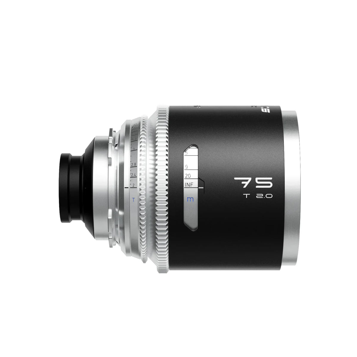 Blazar Mantis 75mm T2.0 anamorphic lens, side view with front element
