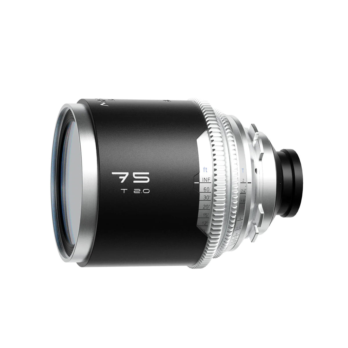 Blazar Mantis 75mm T2.0 anamorphic lens, angled view of the front element