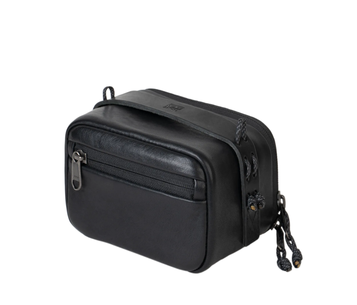 Wotancraft portable camera pouch in black leather, large size, angled view
