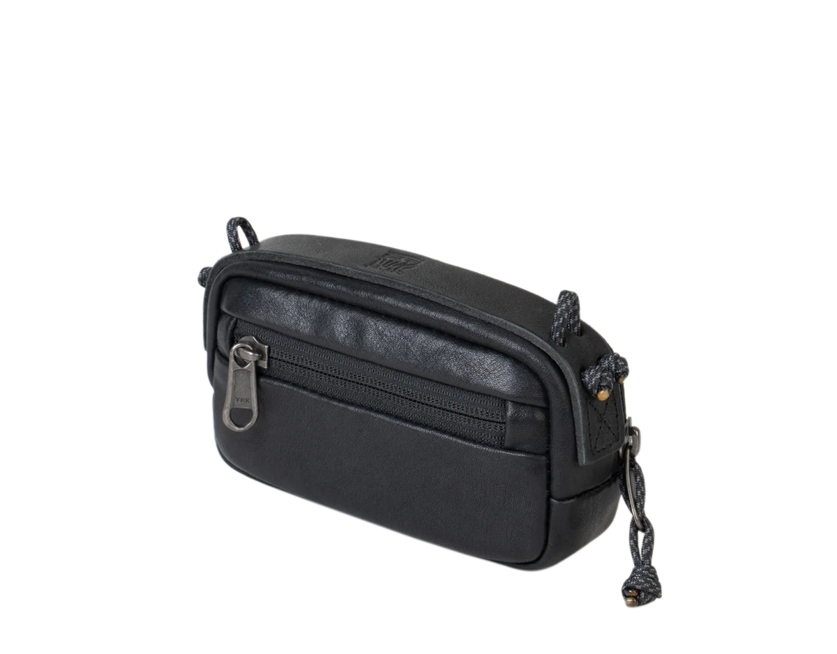 Wotancraft portable camera pouch in black leather, small size, angled view