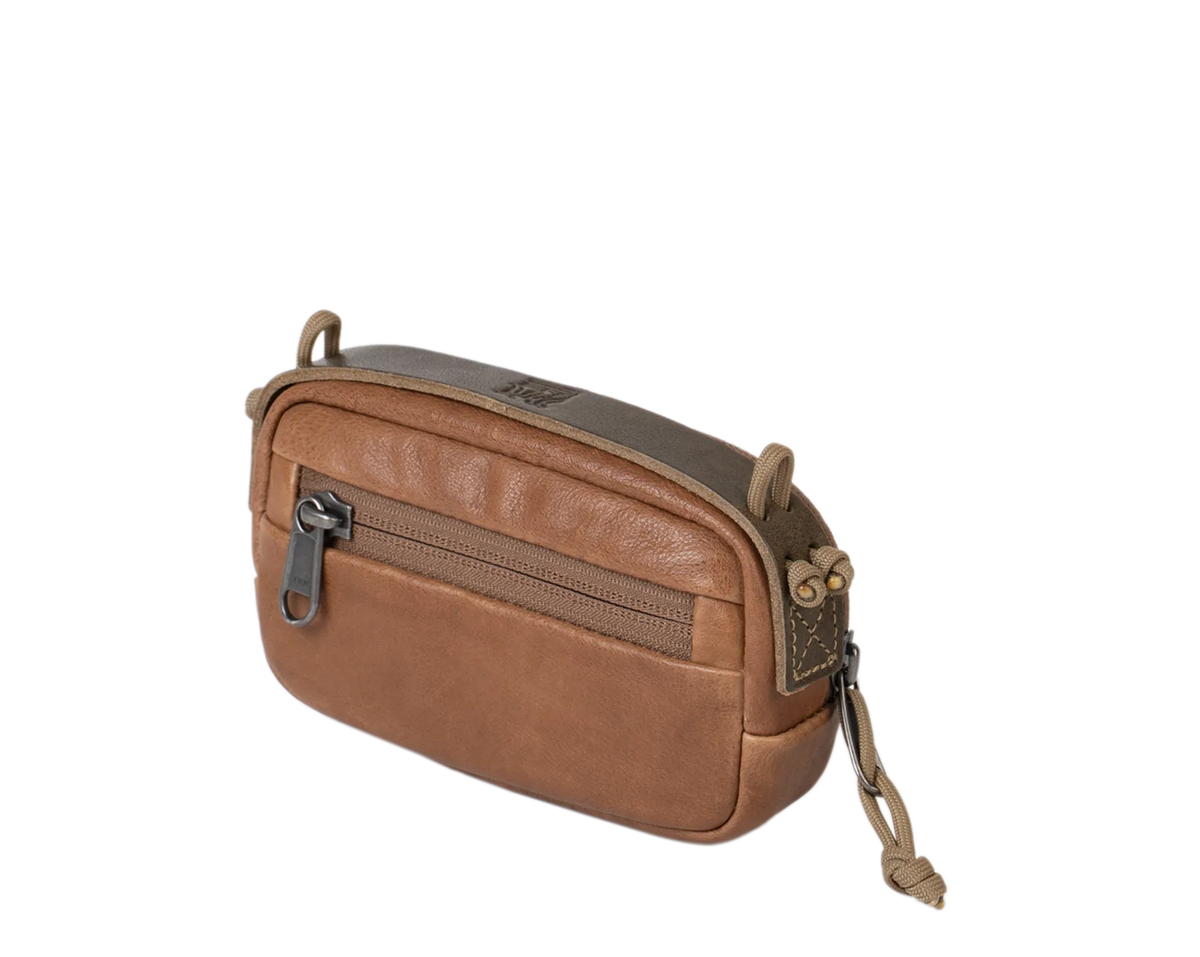 Wotancraft portable camera pouch in brown leather, small size, angled view