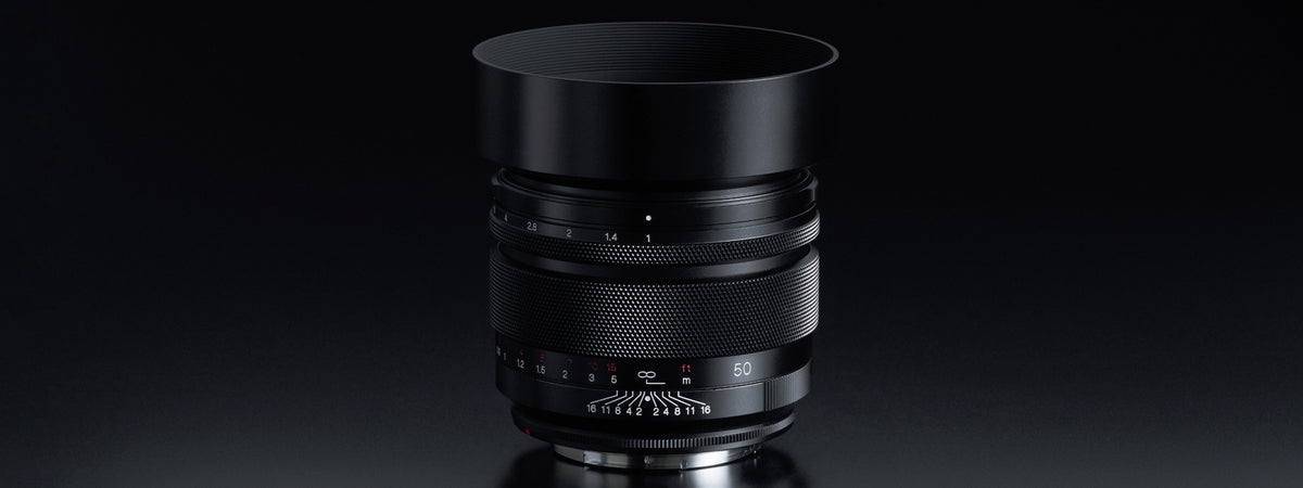 Voigtlander Nokton 50mm f/1.0 Asph Canon RF lens with lens hood fitted
