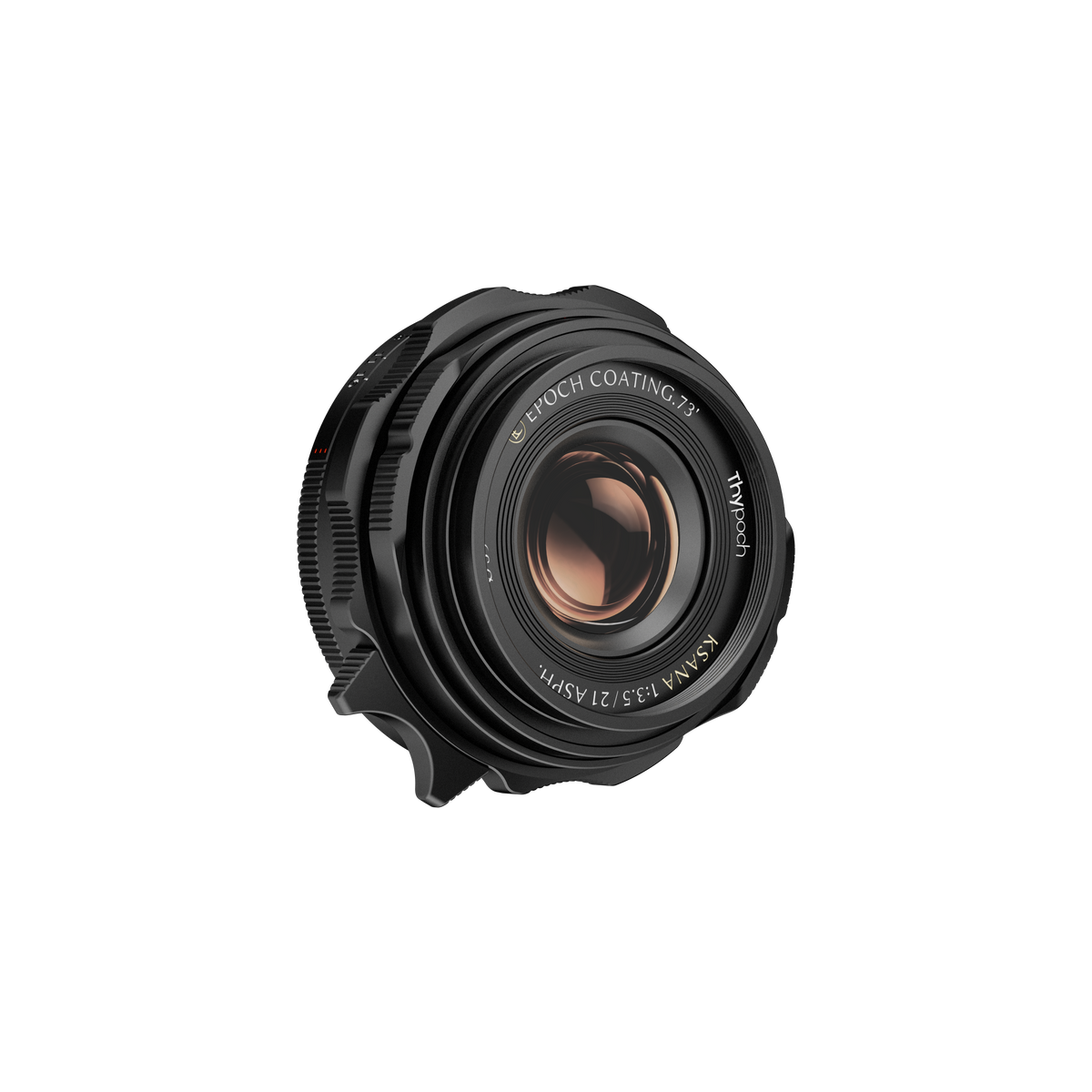 Thypoch Ksana 21mm f/3.5 ASPH full-frame lens for Leica M in black, angled front view