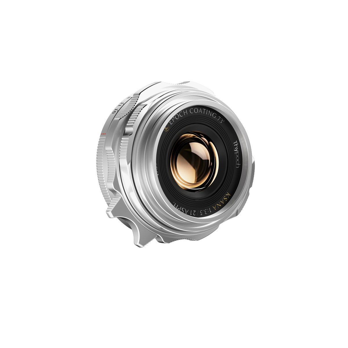 Thypoch Ksana 21mm f/3.5 ASPH Leica M lens in silver, angled view of the coated front element