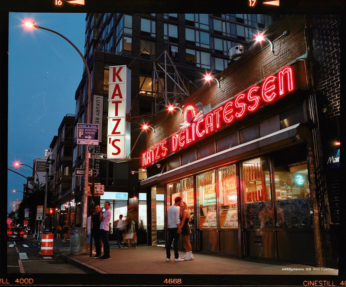 Katz's Delicatessen neon sign at dusk, sample shot on CineStill 400D