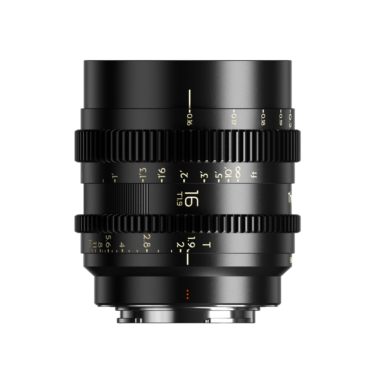 Thypoch Simera-C 16mm T1.9 cine lens, side view with focus and iris scales