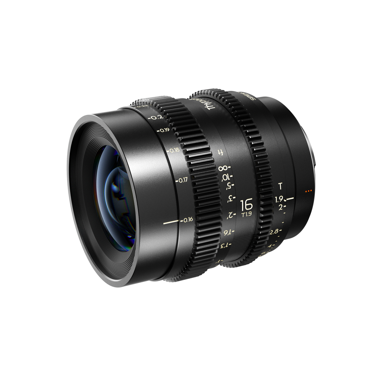 Thypoch Simera-C 16mm cine lens, angled view with focus and iris scales