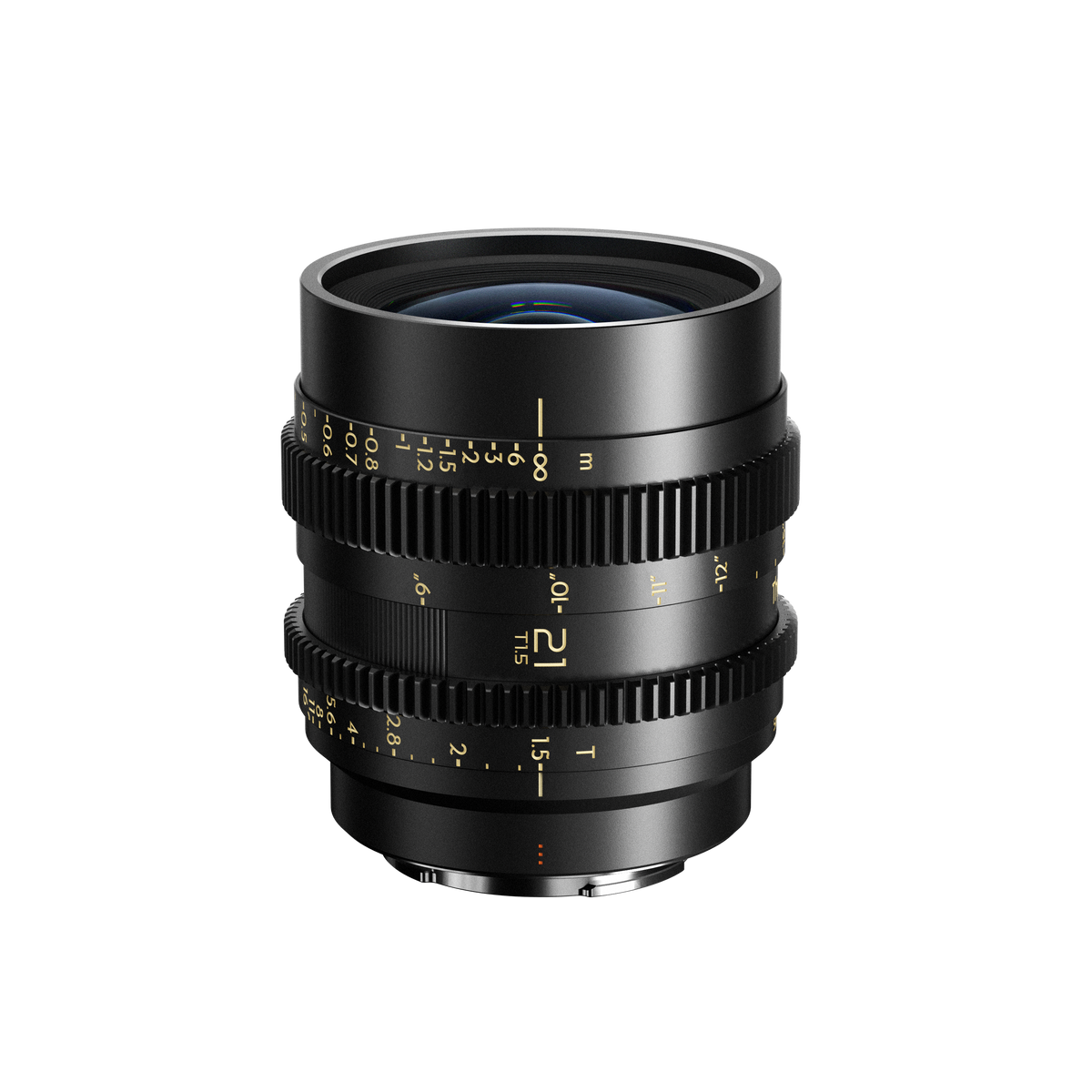 Thypoch Simera-C 21mm T1.5 full-frame cine lens with gold scales, front view