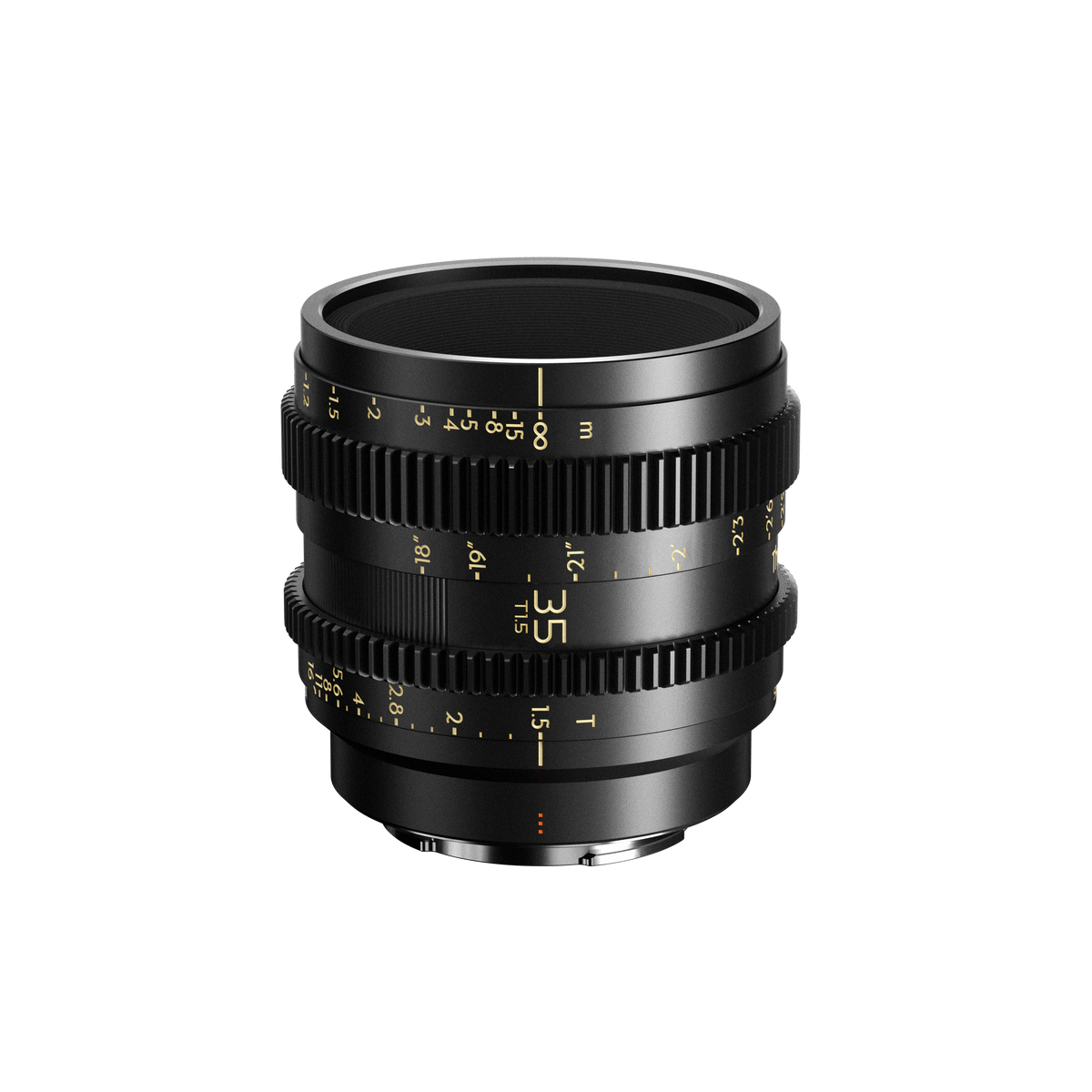 Thypoch Simera-C 35mm T1.5 full-frame cine lens with gold focus and iris scales, front view