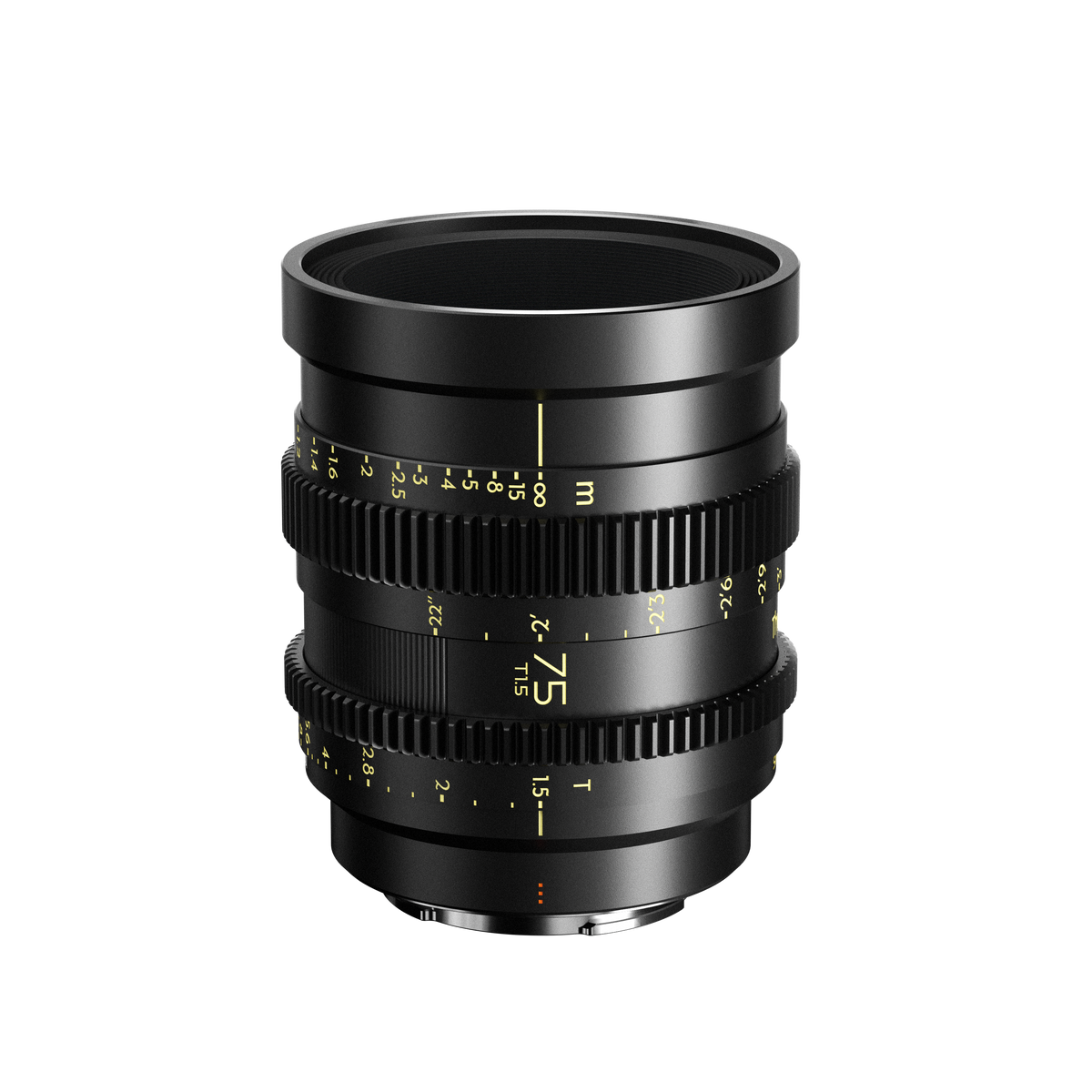 Thypoch Simera-C 75mm T1.5 full-frame cine lens with gold scales, front view