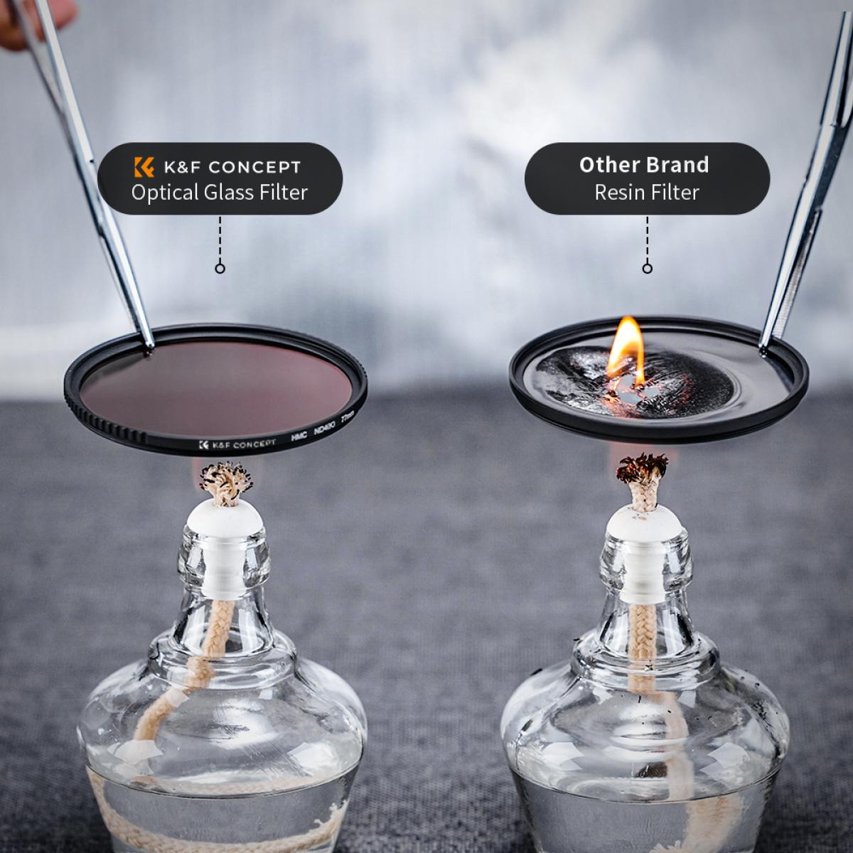 Flame test: K&F Concept optical glass filter next to a burning resin filter