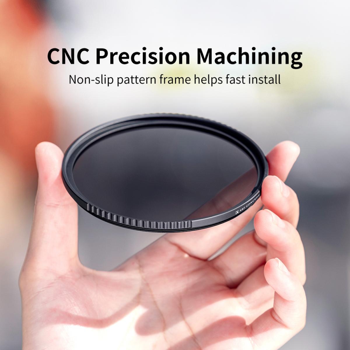 K&F Concept filter held in hand, CNC machined frame with non-slip edge