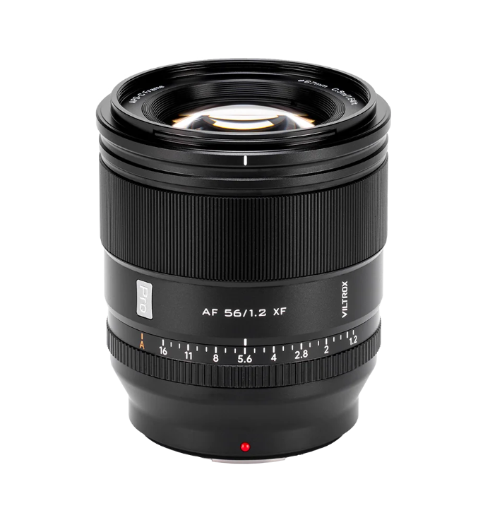 Viltrox AF 56mm f/1.2 Pro XF lens without hood, front view on white
