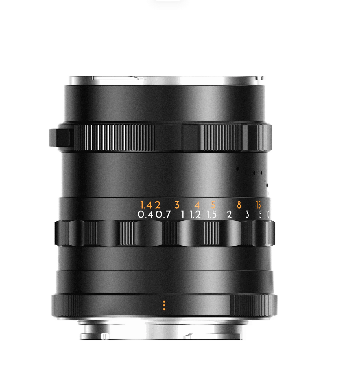 Thypoch Simera 28mm f/1.4 II full-frame lens in black, side view with scales