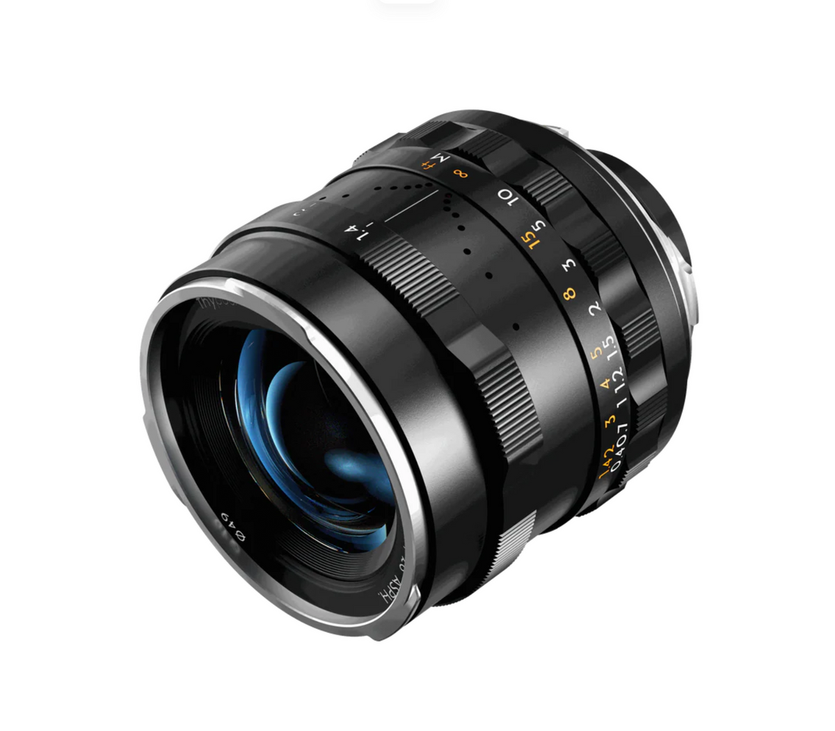 Thypoch Simera 28mm f/1.4 black, angled view of the front element