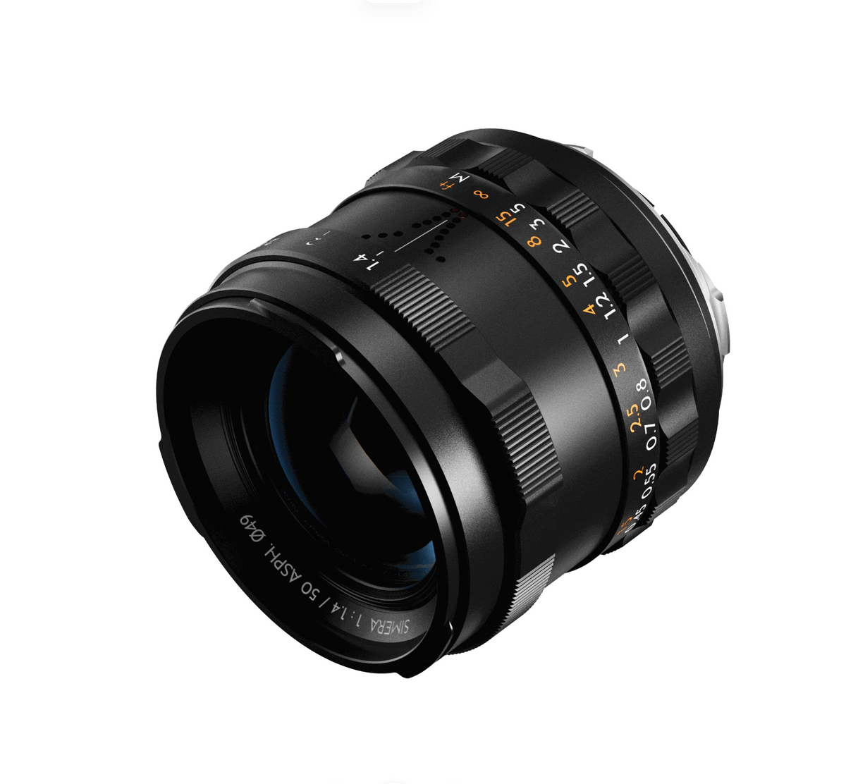 Thypoch Simera 50mm f/1.4 black, angled view of the front element