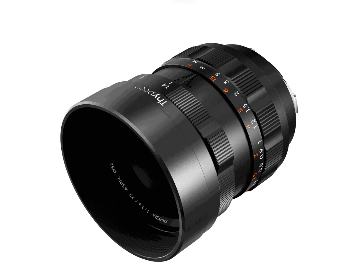 Thypoch Simera 75mm f/1.4 black lens with round lens hood fitted