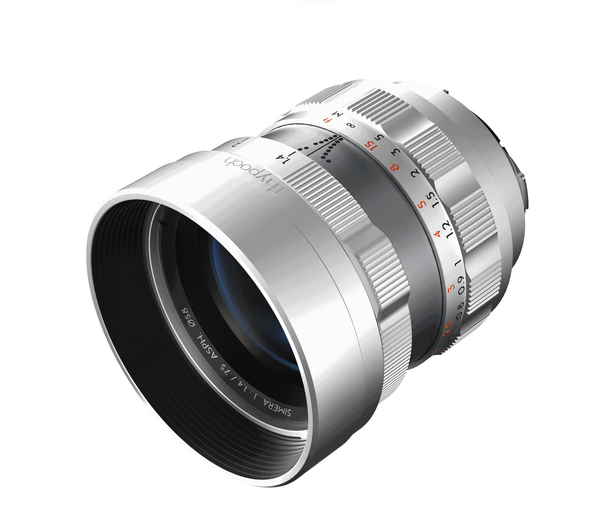 Thypoch Simera 75mm f/1.4 in silver with lens hood, angled view