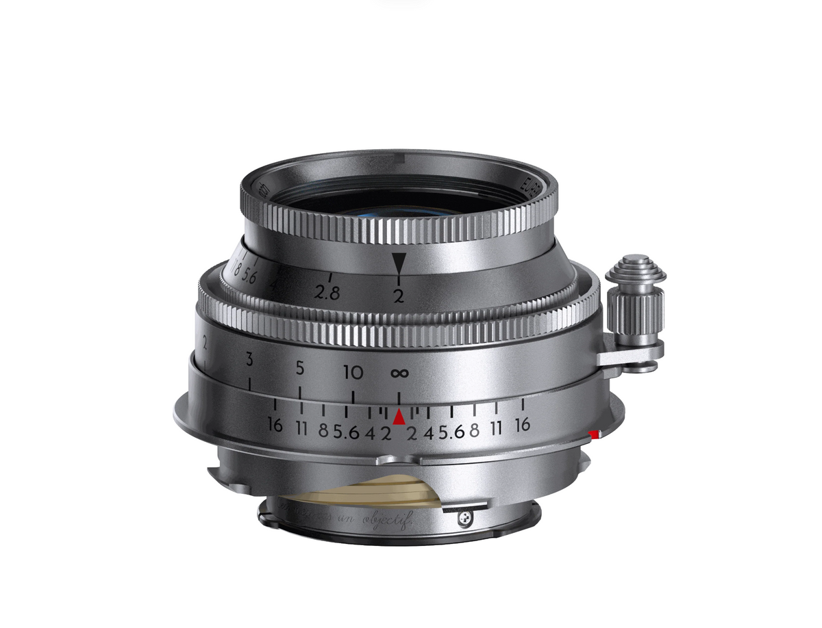 Thypoch Eureka 50mm f/2 collapsible lens in silver, collapsed, front view