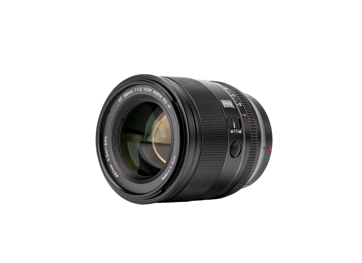 Viltrox AF 56mm f/1.2 Pro VCM lens, angled view of the front element