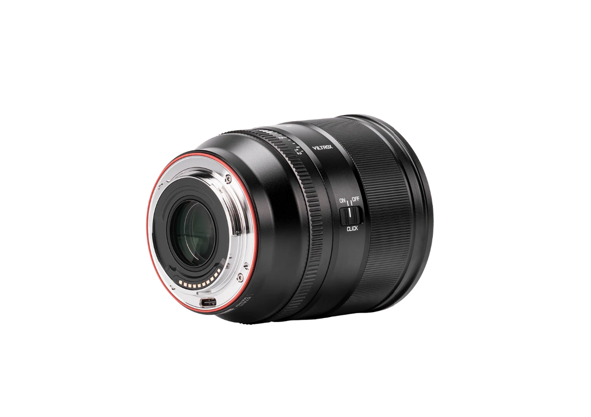 Viltrox AF 56mm f/1.2 Pro Sony E lens, rear view with mount contacts and click switch