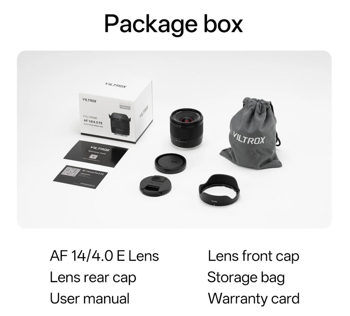 Viltrox Air AF 14mm f/4 box contents: lens, hood, storage bag, caps and manual