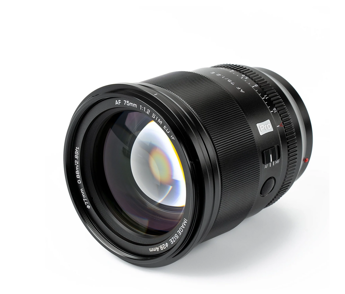 Viltrox AF 75mm f/1.2 Pro STM lens, angled view of the front element