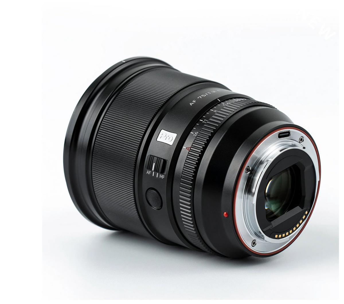 Viltrox AF 75mm f/1.2 Pro lens, rear angle with AF/MF switch and mount contacts