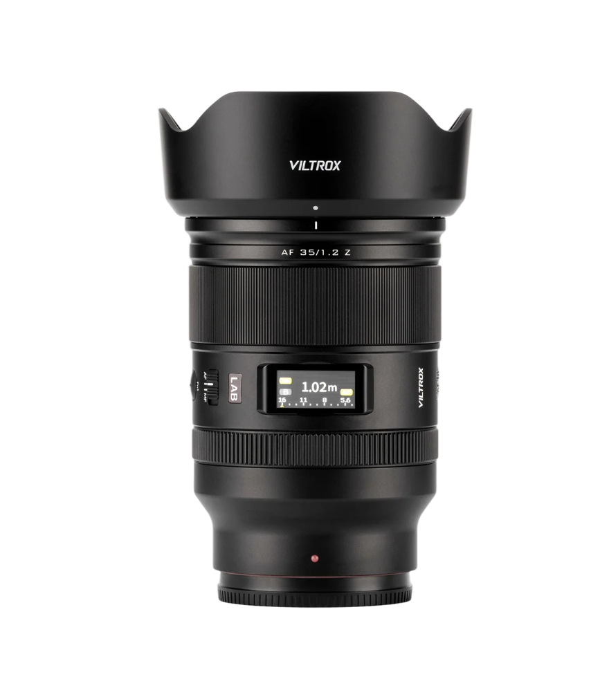 Viltrox LAB AF 35mm f/1.2 Nikon Z lens with petal hood, LCD showing focus distance