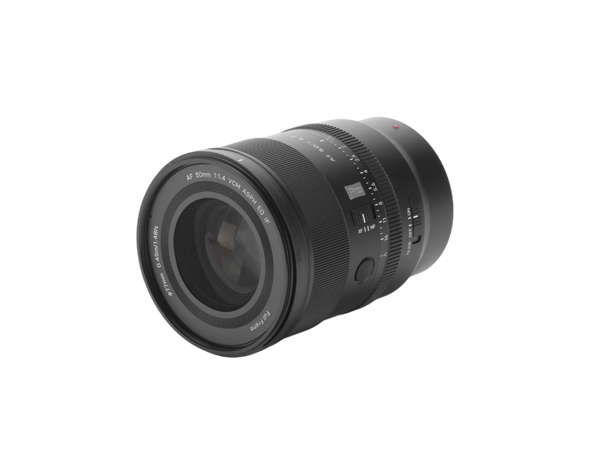 Viltrox AF 50mm f/1.4 Pro VCM lens, angled view of the front element