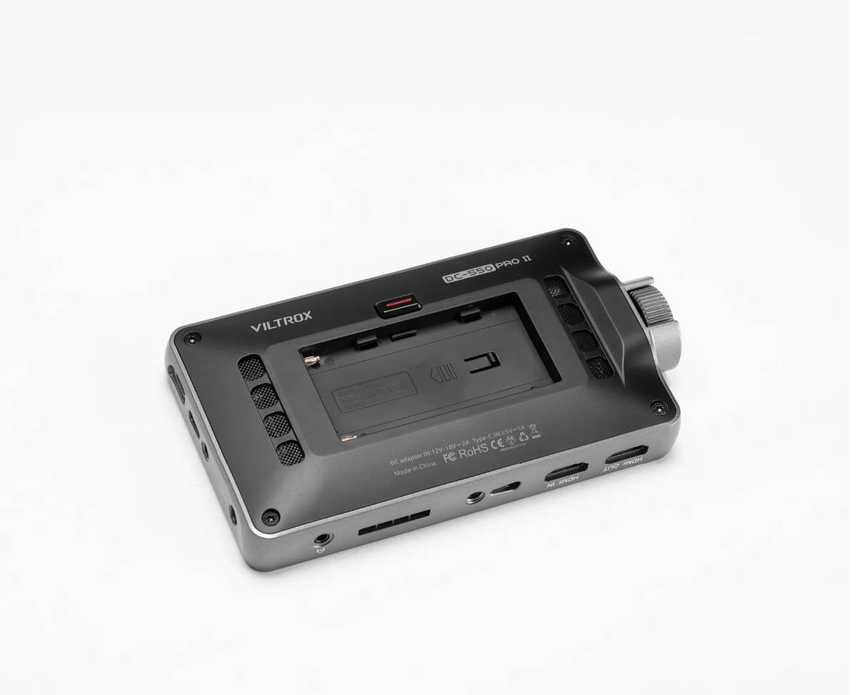 Viltrox DC-550 Pro II rear view with NP-F battery plate and ports