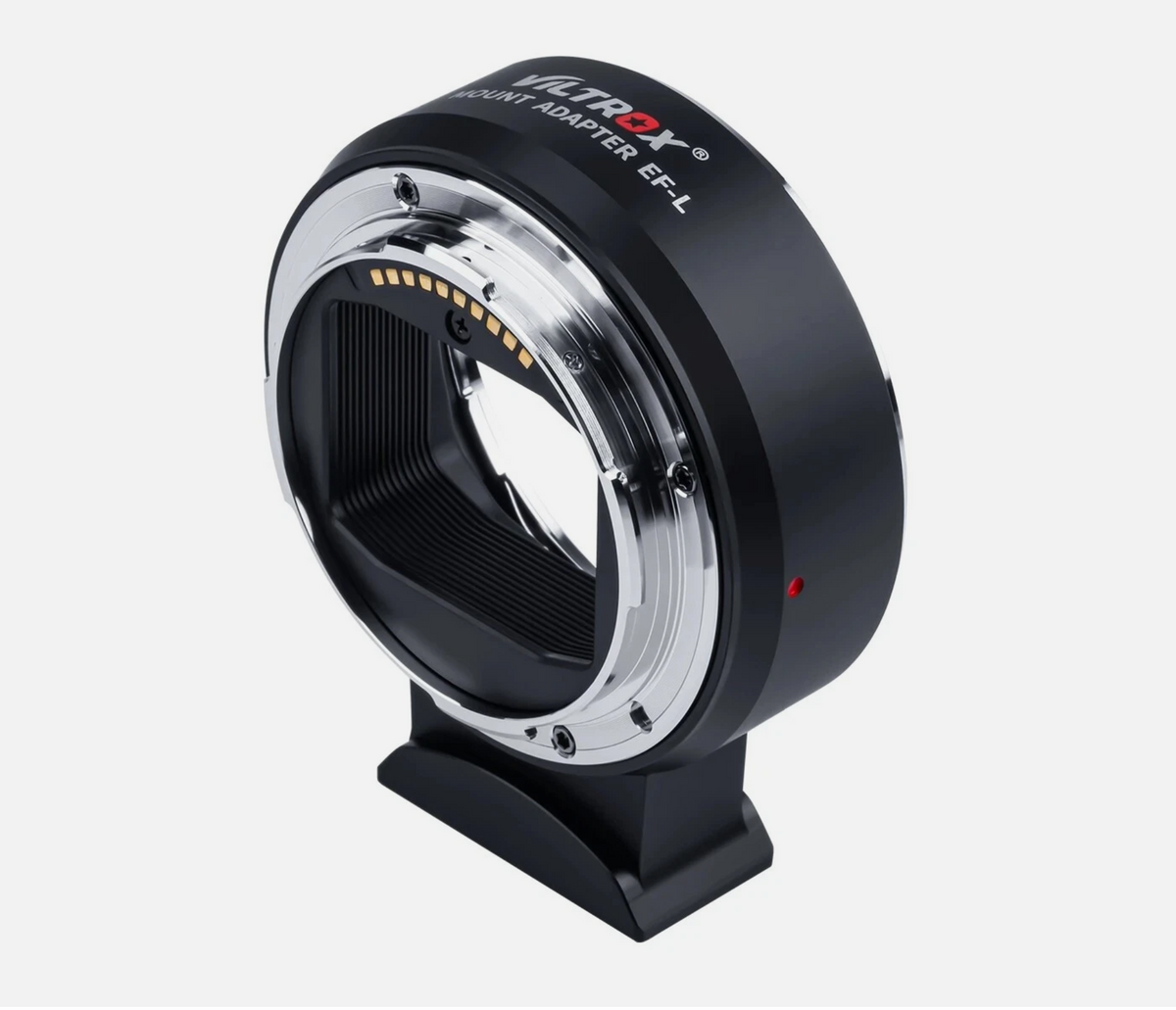 Viltrox EF-L adapter, angled view with tripod foot and electronic contacts
