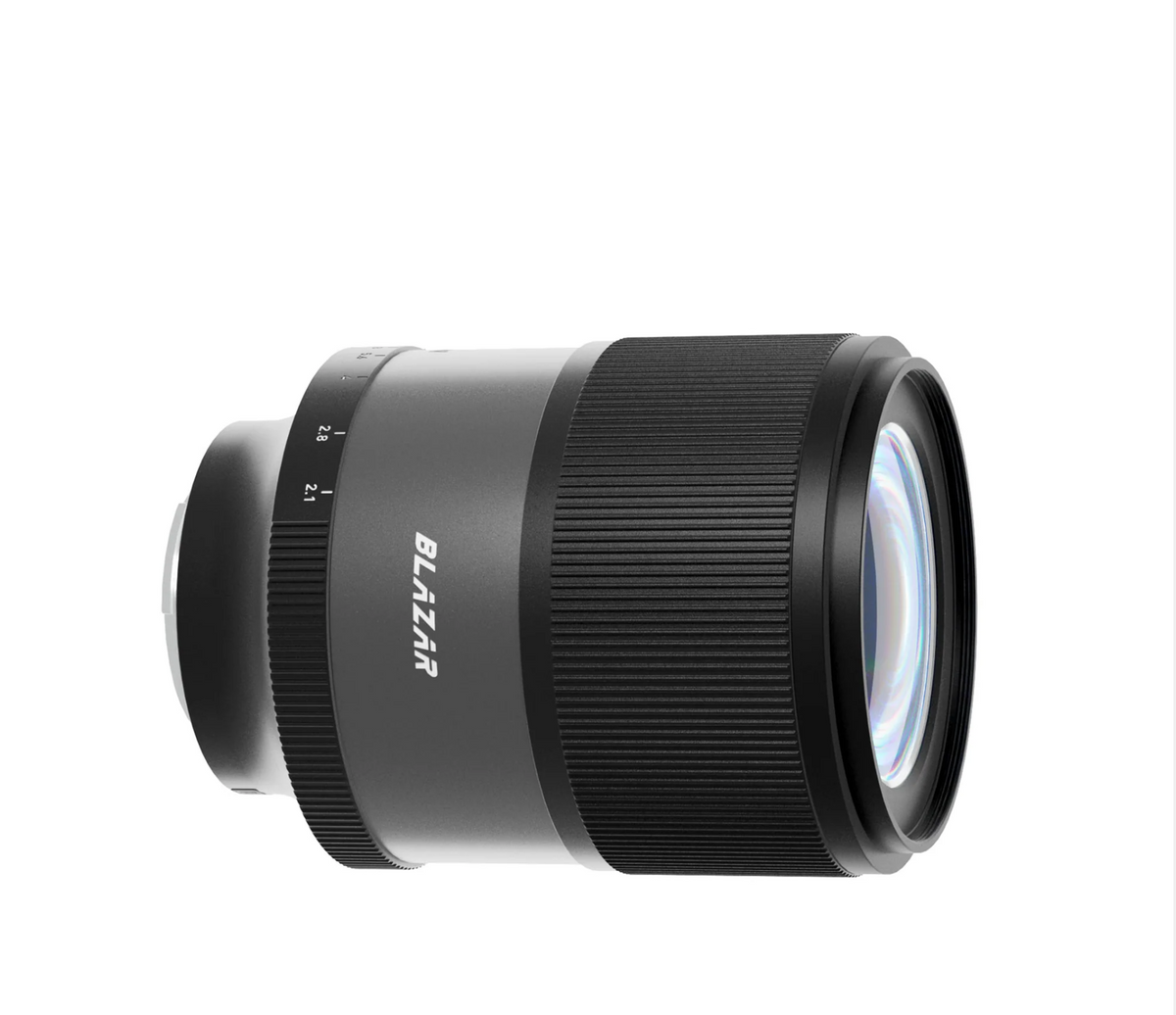Blazar Talon 35mm 1.5x autofocus anamorphic lens, angled view of the front element