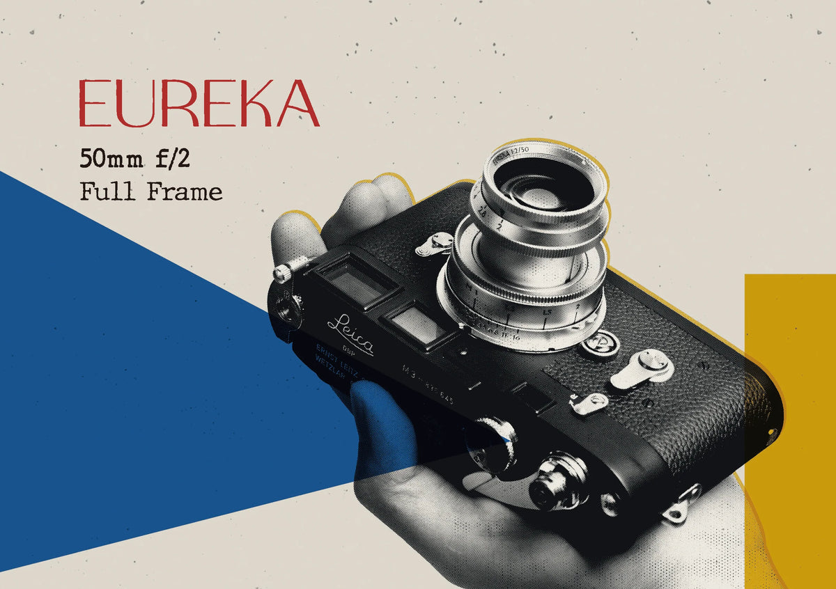 Hand holding a Leica rangefinder with the Thypoch Eureka 50mm f/2, poster style