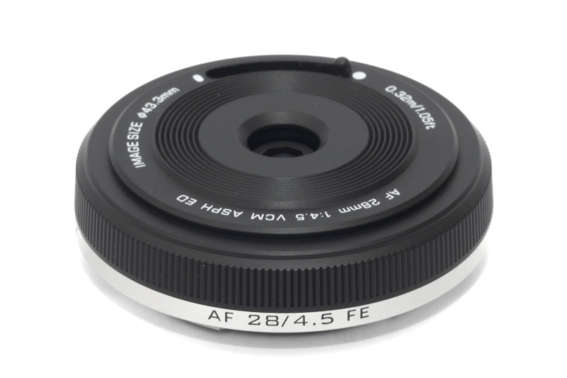 Viltrox AF 28mm f/4.5 FE pancake lens, side view with Sony E mount