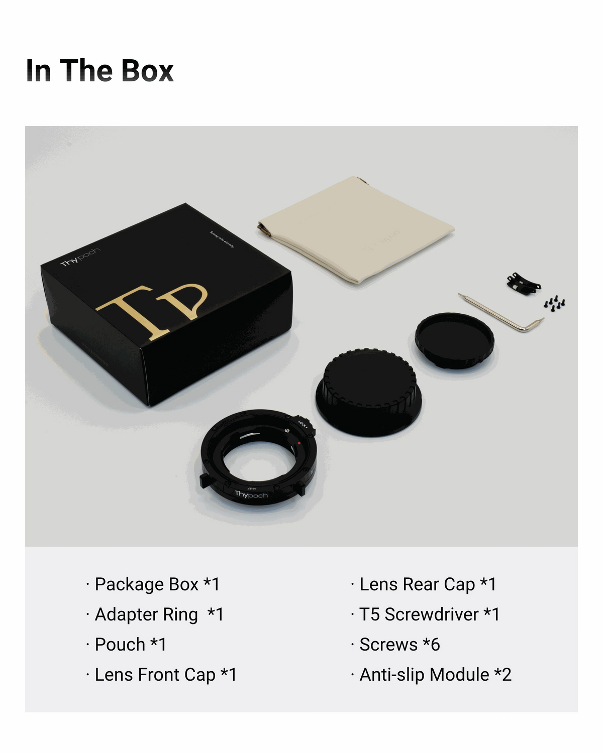 Thypoch adapter ring box contents: ring, pouch, caps, screwdriver and screws