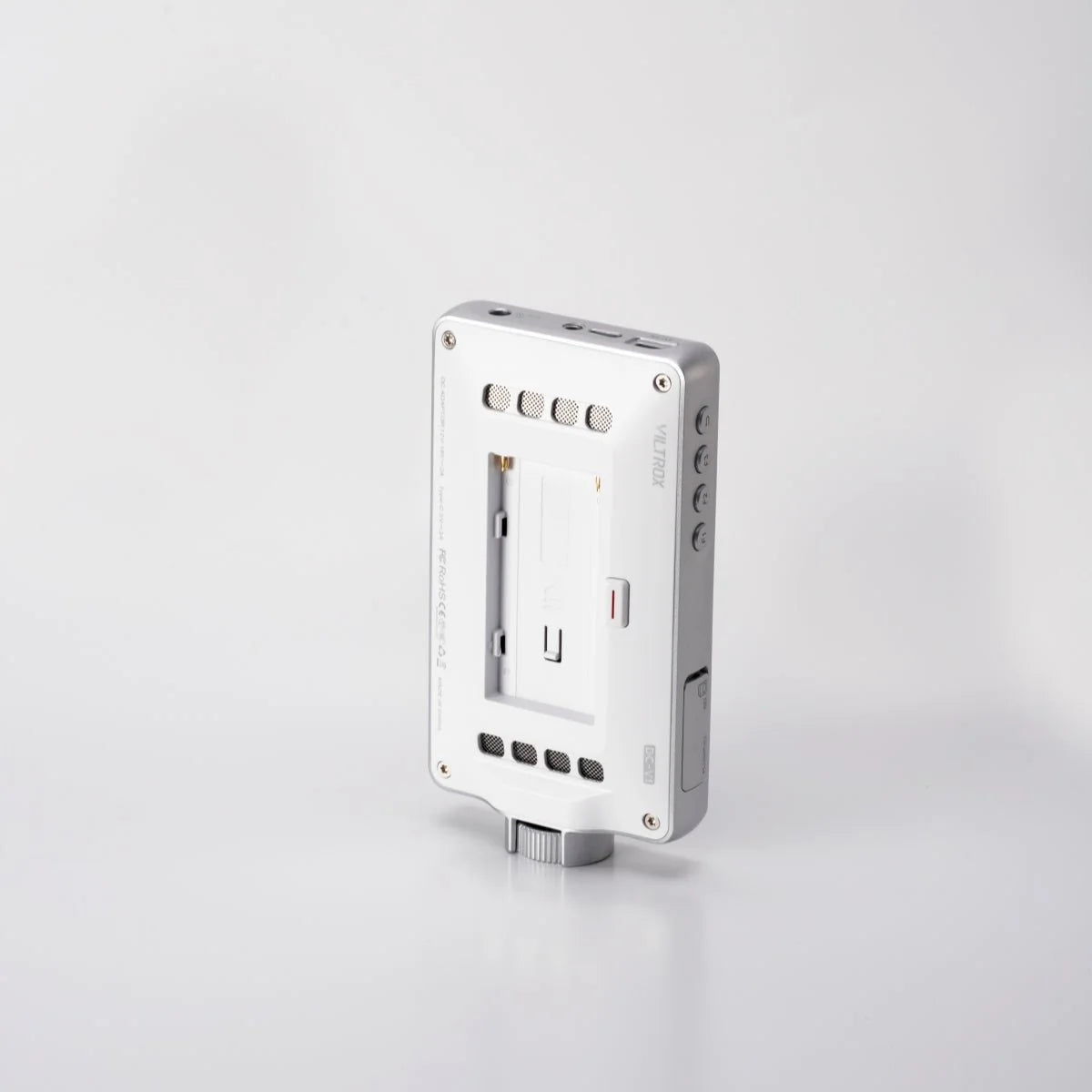 Viltrox DC-V1 white monitor standing upright, back view with battery plate
