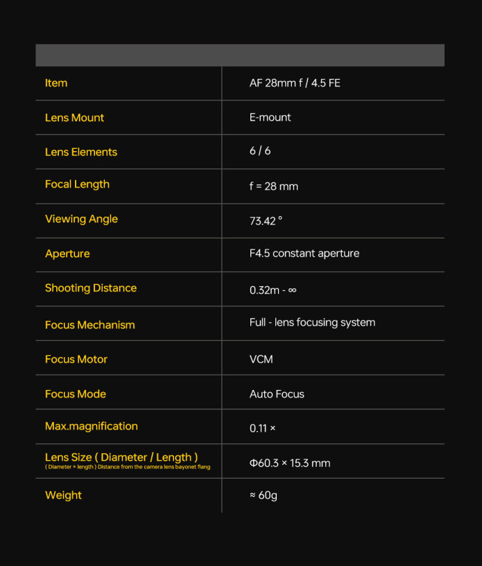 Viltrox AF 28mm f/4.5 specifications: 6 elements in 6 groups, VCM autofocus, 60g